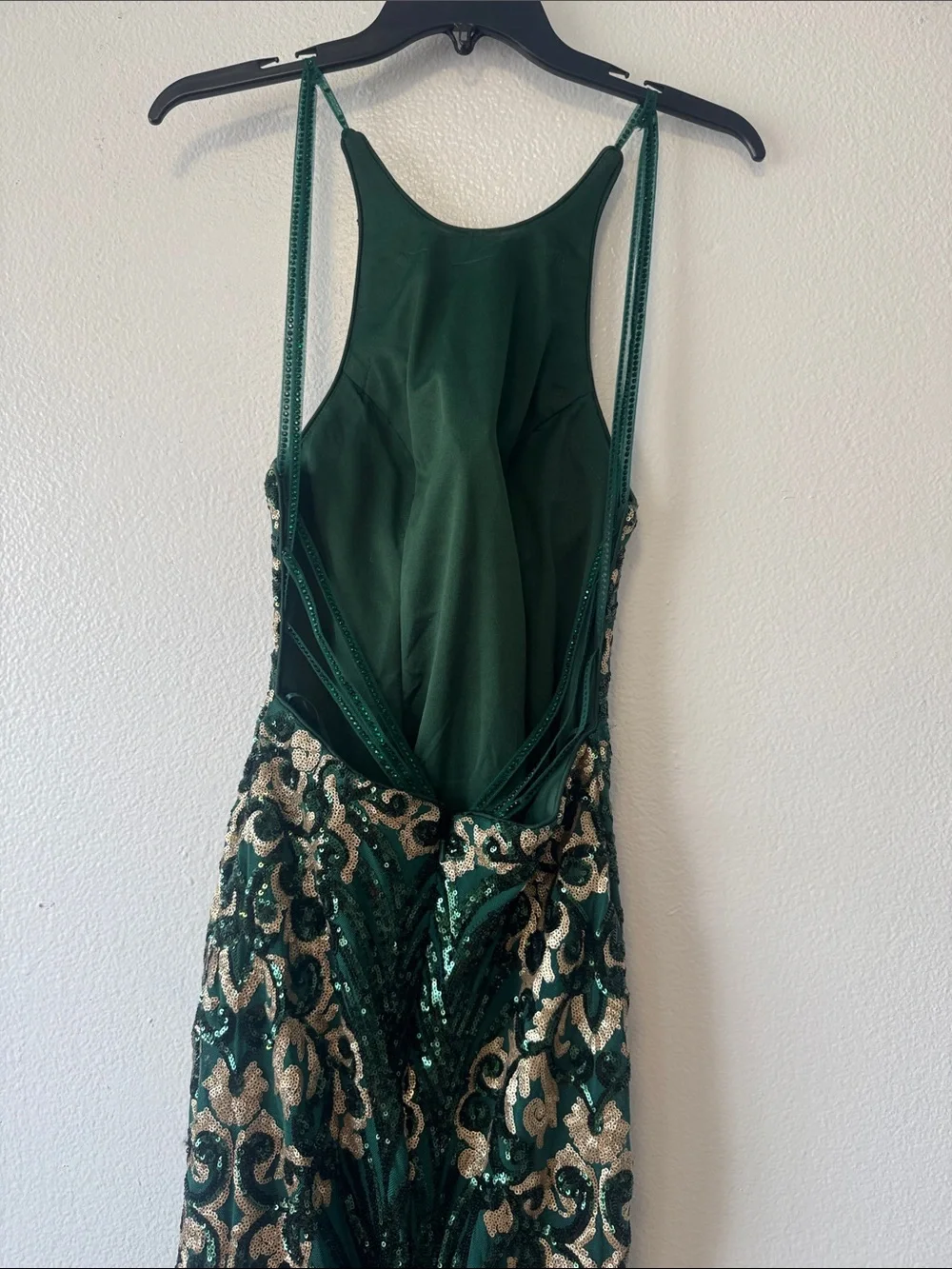 Emerald Green Sequin Halter Prom Gown with Gold Embellishment - Picture 2 of 2